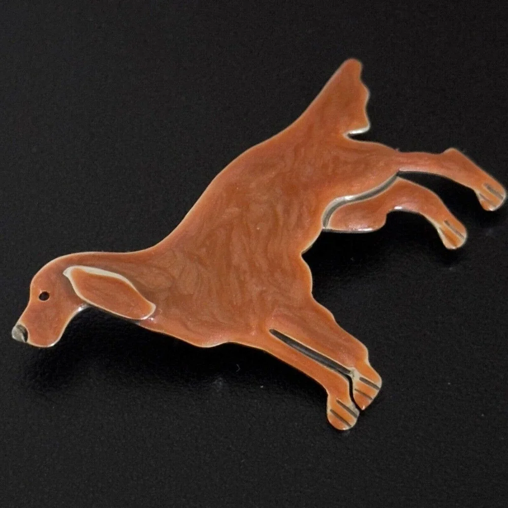Anne & Jane Vintage 925 Sterling Silver Enameled Dog Irish Setter Brooch Pin